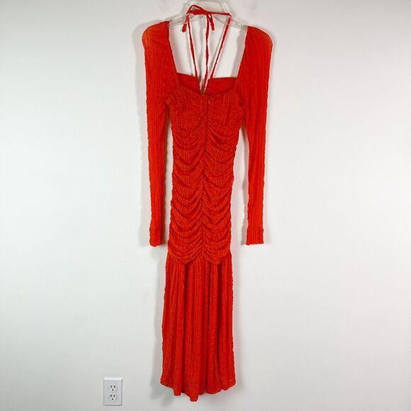Ganni NWOT Orange Ruched Lace Midi Dress Size 6 - Picture 7 of 12